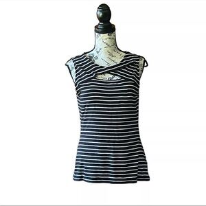Vince Camuto, women’s black and white stripe keyhole pull over sleeveless top M